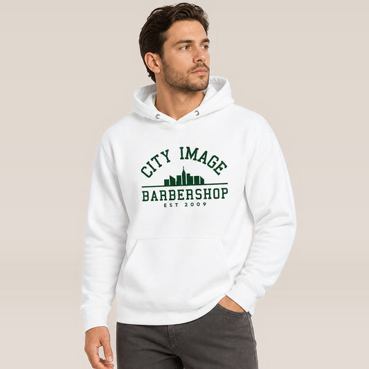 City Image College Hoodie (White) — on model