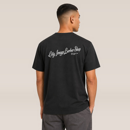 City Image Script Oversized Tee (Faded Black) on model