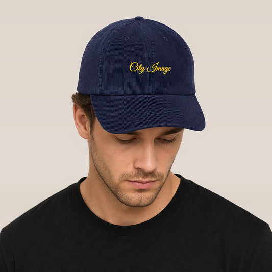 City Image Script Corduroy Hat (Navy) on model