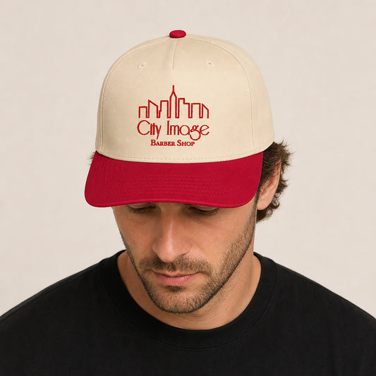 City Image Logo 5 Panel Cap (Red/Natural) on model