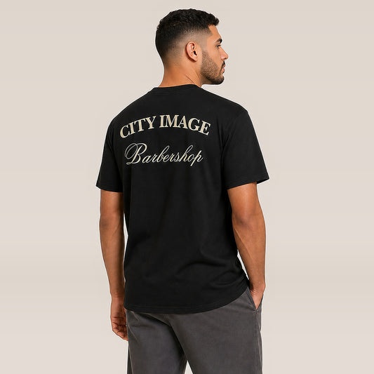 City Image Script Heavyweight Tee (Black/Tan) — on model