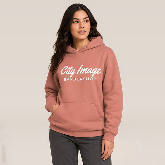City Image Script Hoodie (Dusty Rose) — on model