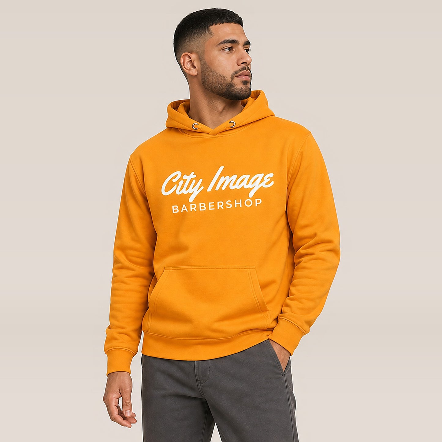 City Image Script Hoodie (Gold) — on model