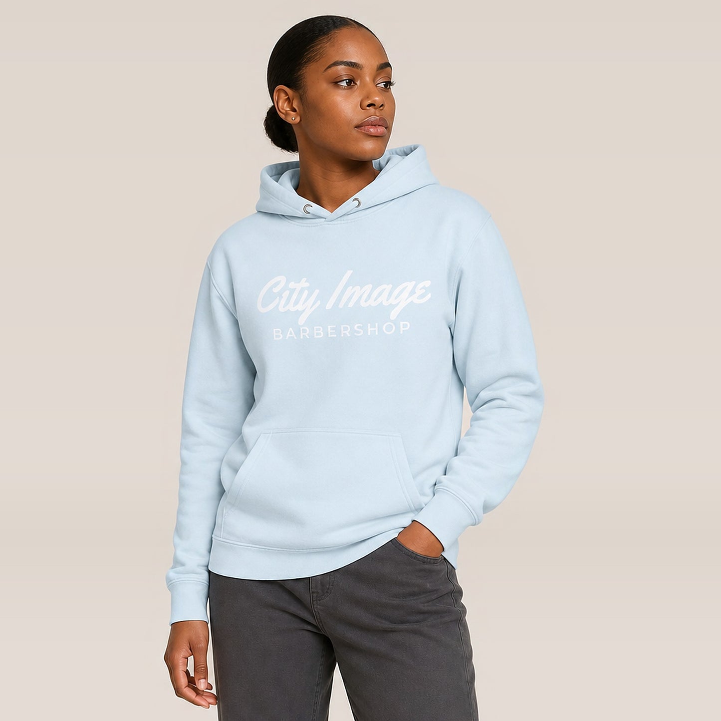 City Image Script Hoodie (Sky Blue) — on model