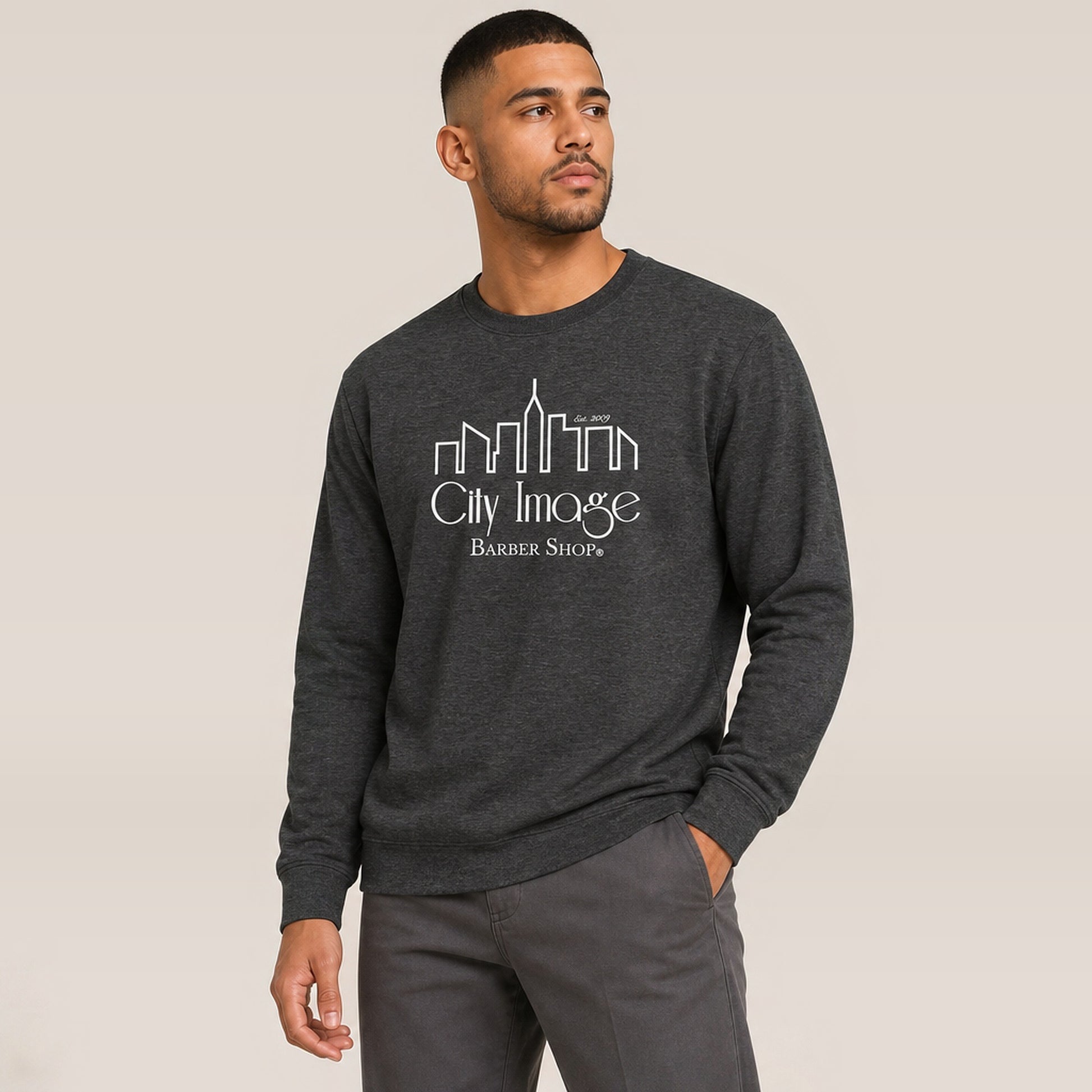 City Image Logo Crewneck Sweatshirt (Charcoal Heather) — on model