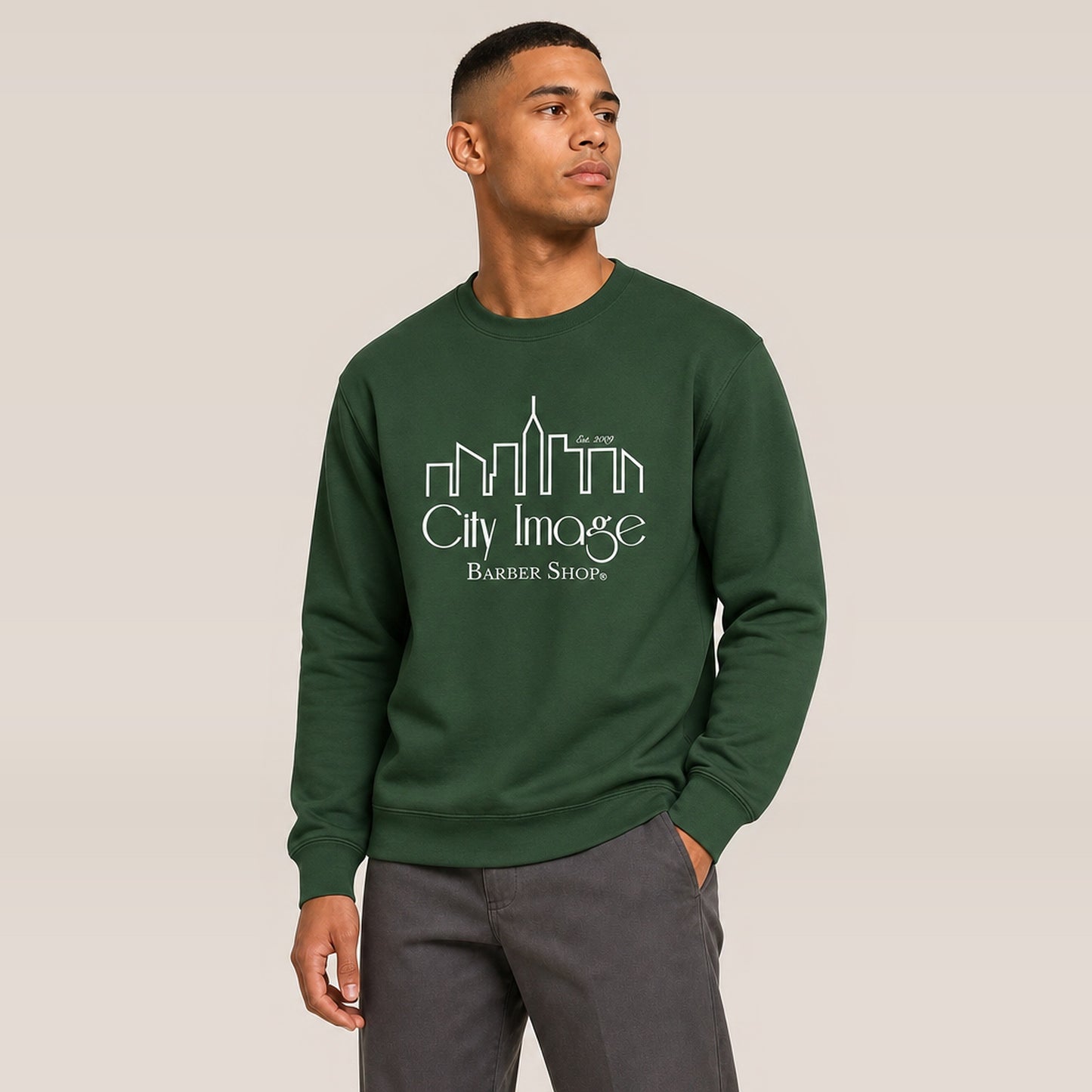 City Image Logo Crewneck Sweatshirt (Forest Green) — on model