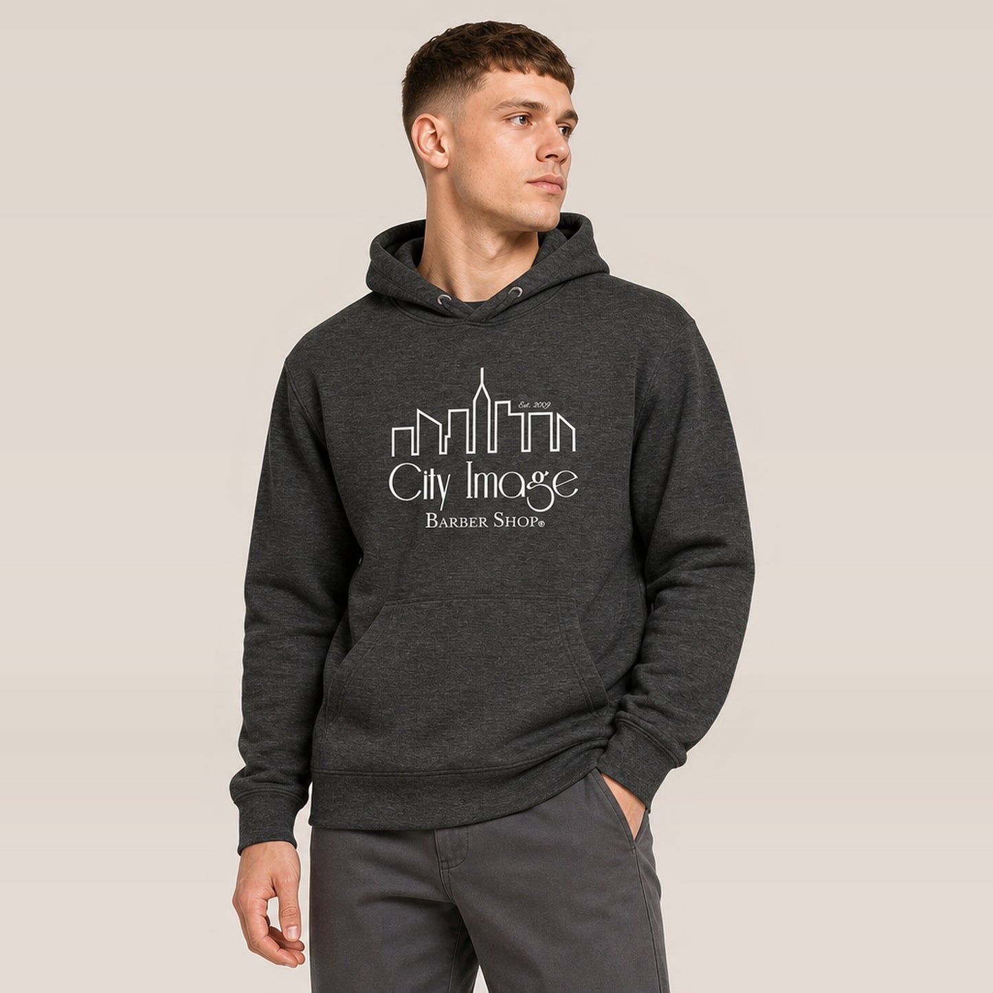 City Image Logo Hoodie (Charcoal Heather) — on model