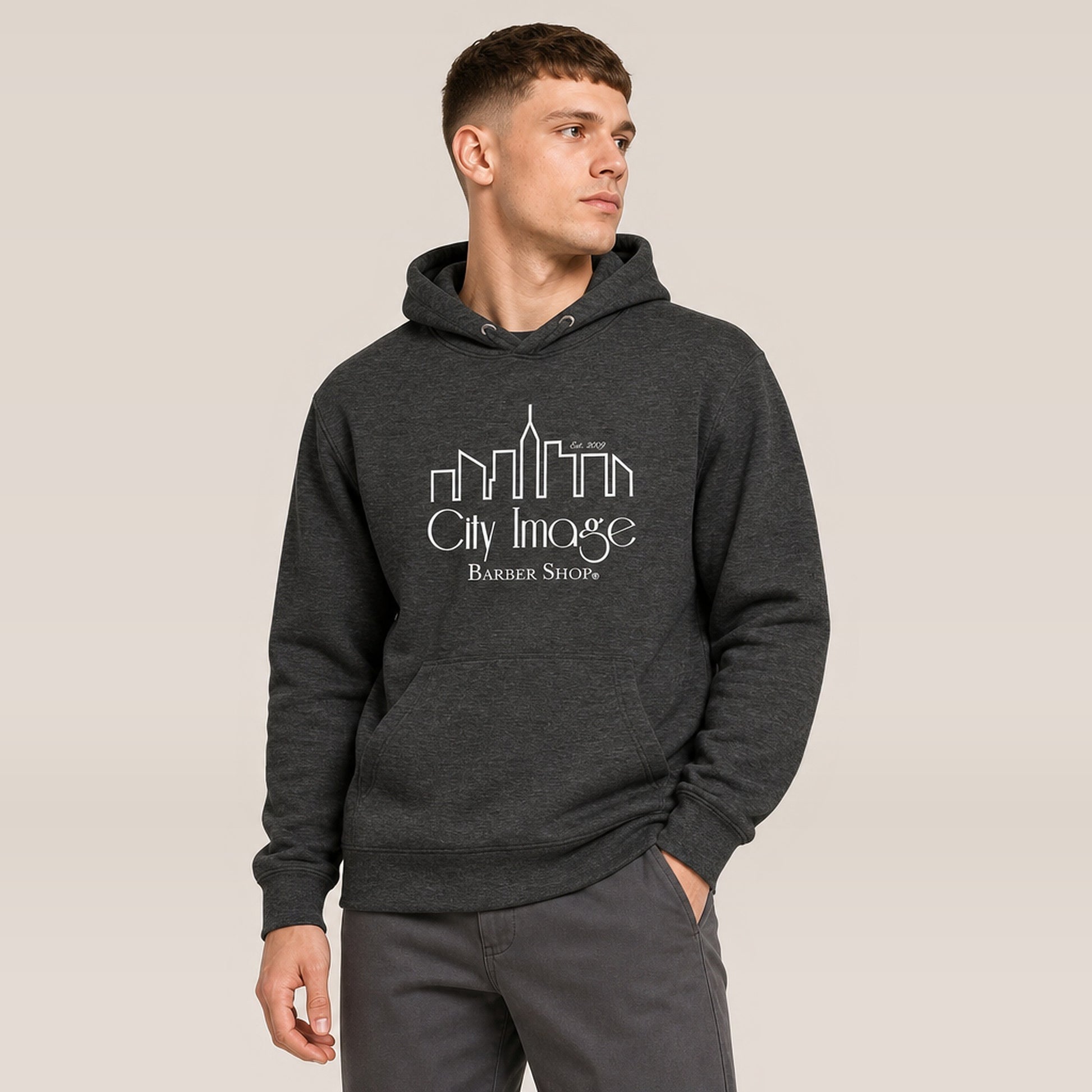 City Image Logo Hoodie (Charcoal Heather) — on model