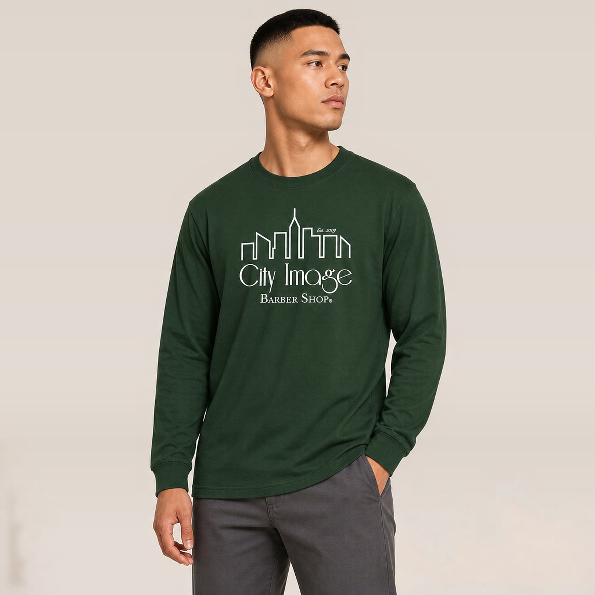 City Image Logo Long Sleeve T-Shirt (Forest Green) — on model