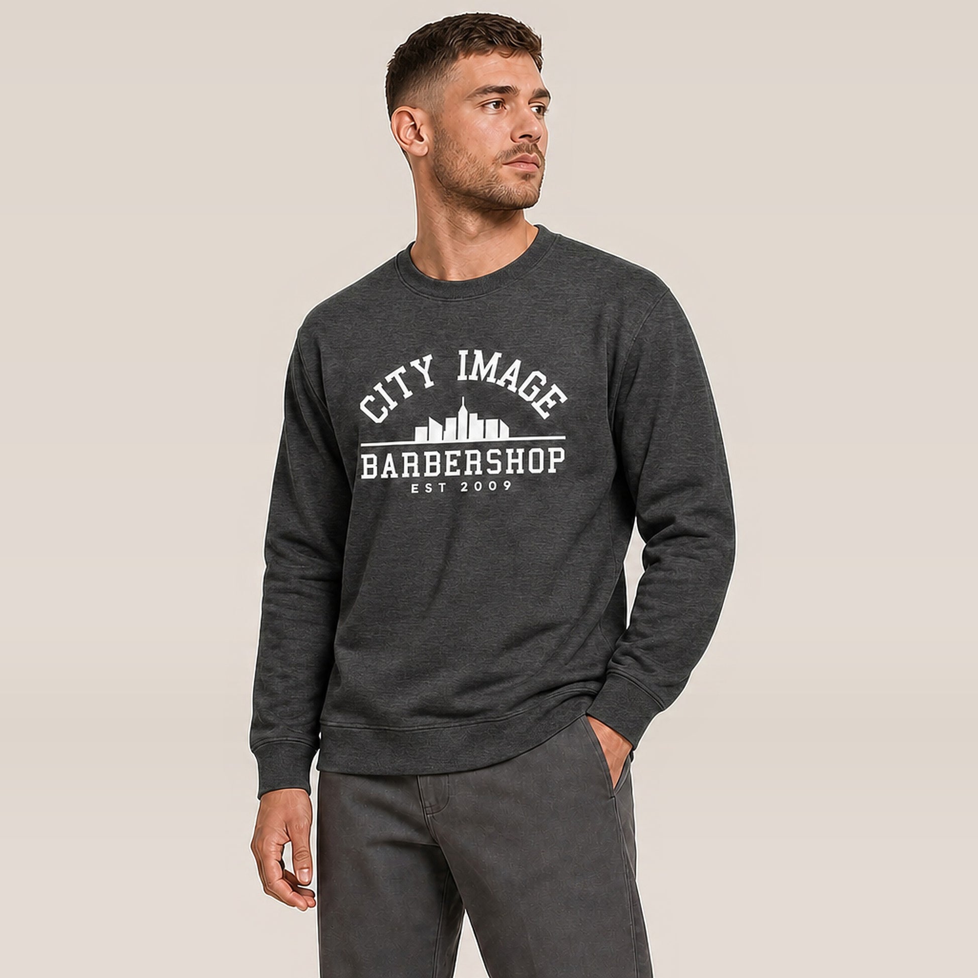 City Image College Crewneck Sweatshirt (Charcoal Heather) — on model