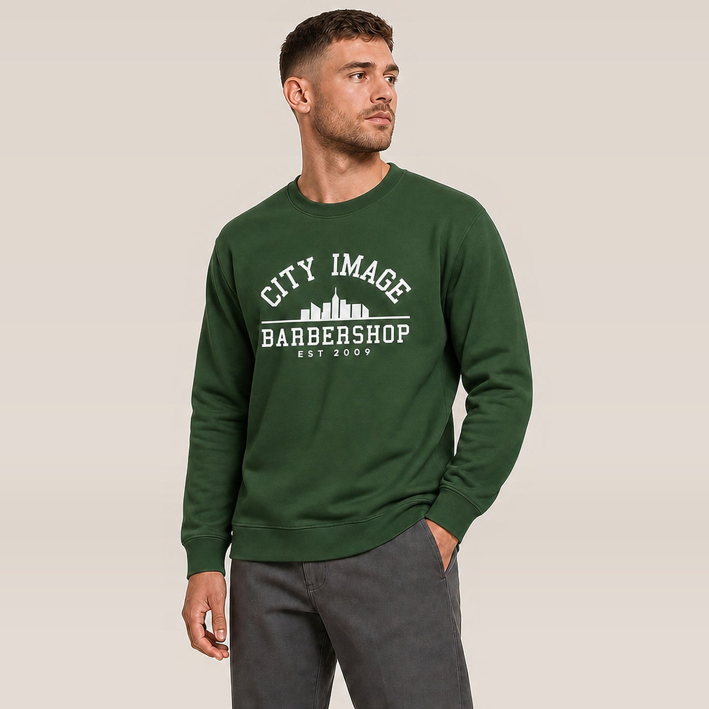 City Image College Crewneck Sweatshirt (Forest Green) — on model