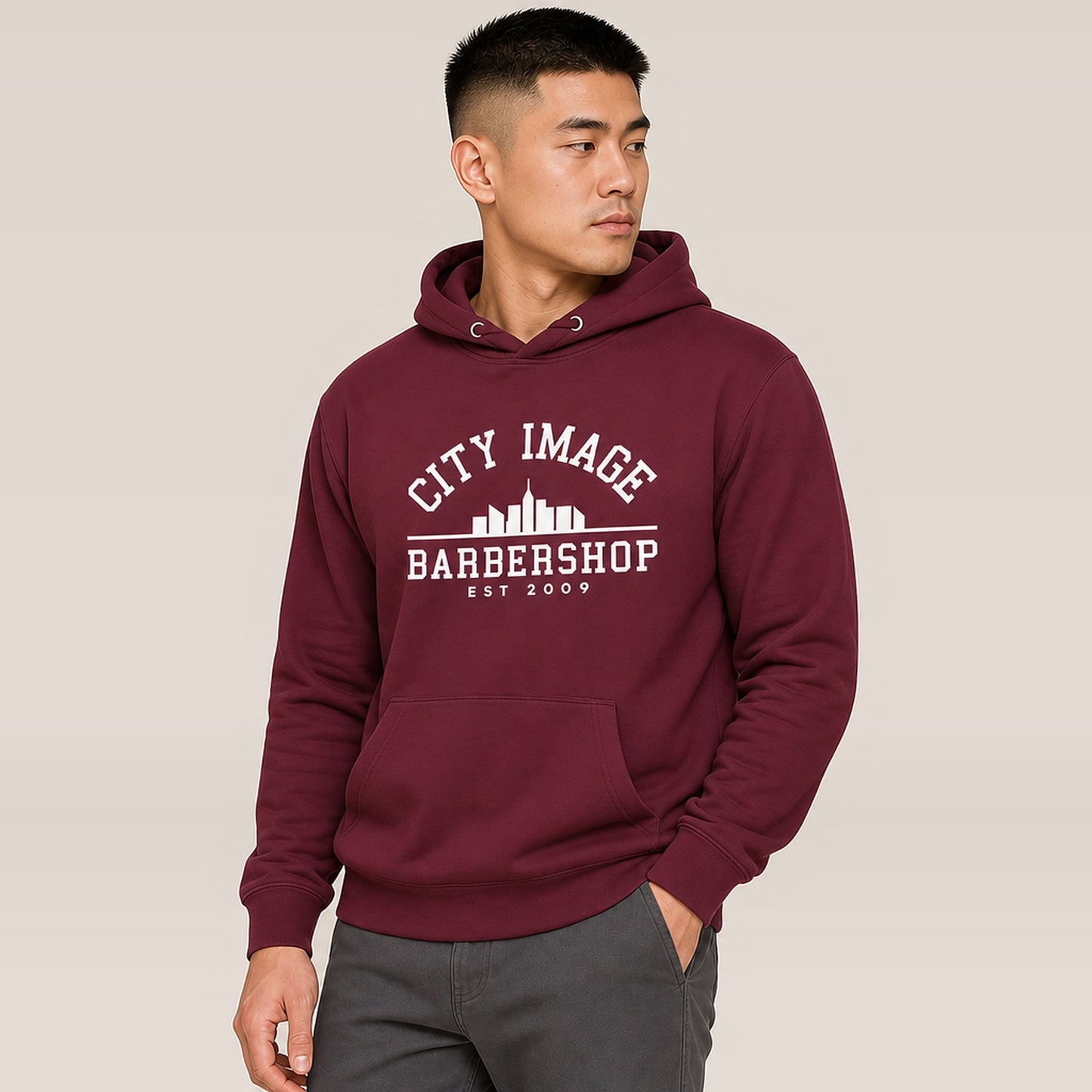 City Image College Hoodie (Maroon) — on model