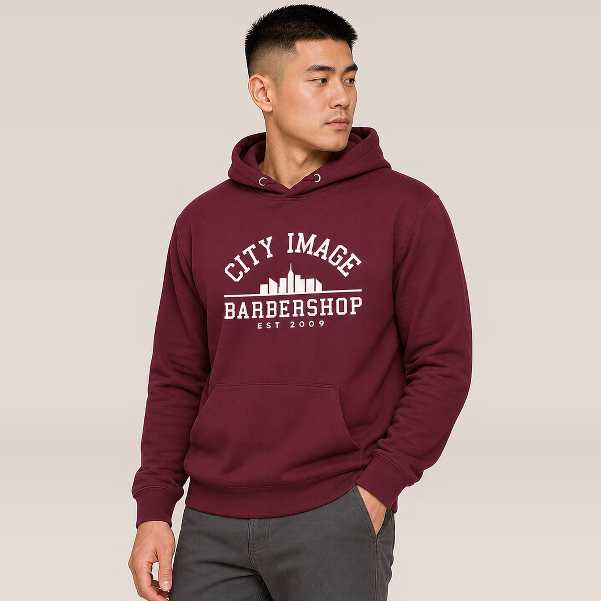 City Image College Hoodie (Maroon) — on model