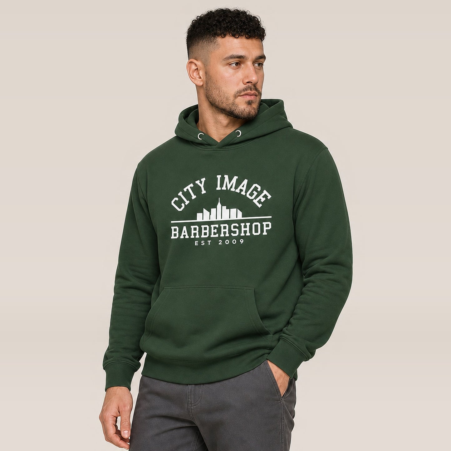 City Image College Hoodie (Forest Green) — on model