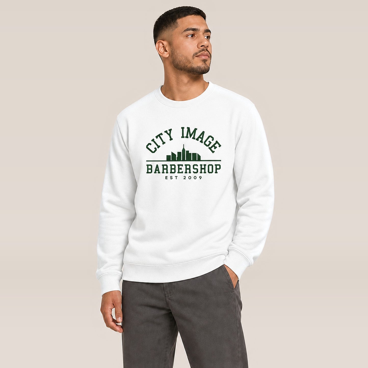 City Image College Crewneck Sweatshirt (White) — on model