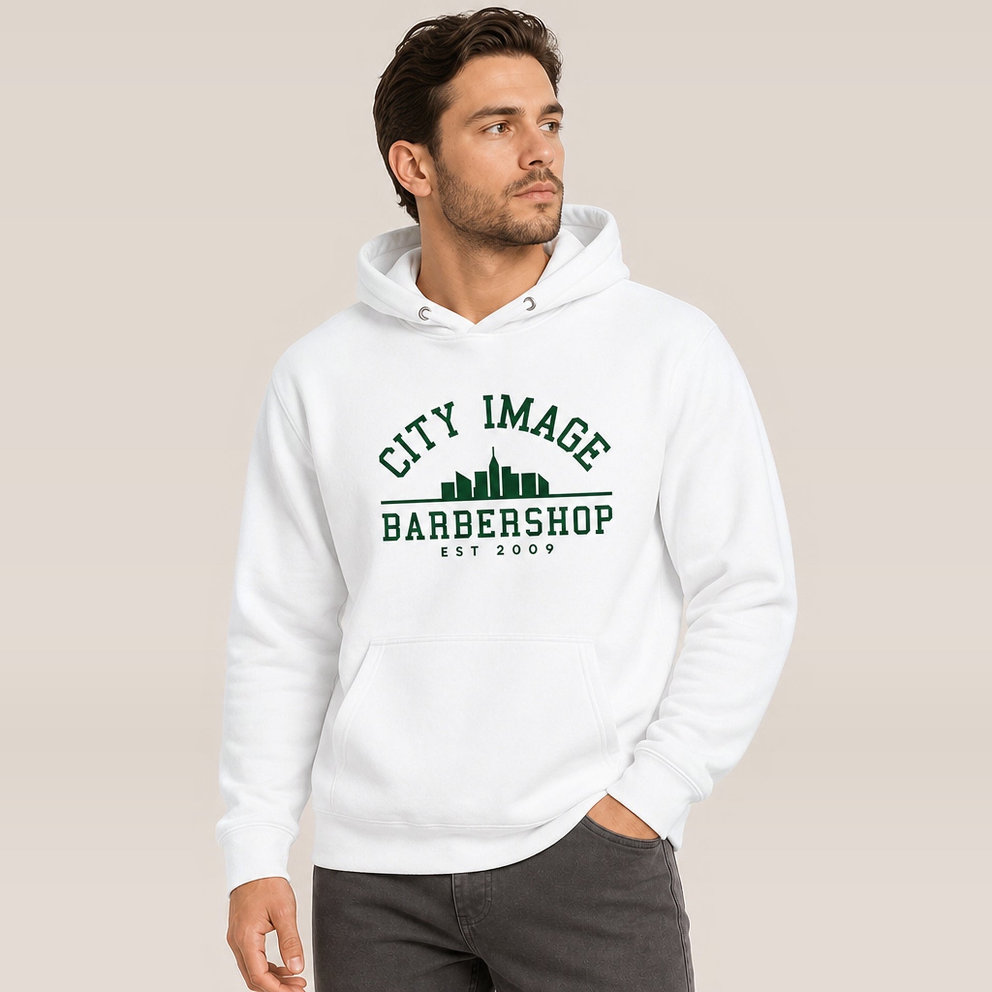 City Image College Hoodie (White) — on model