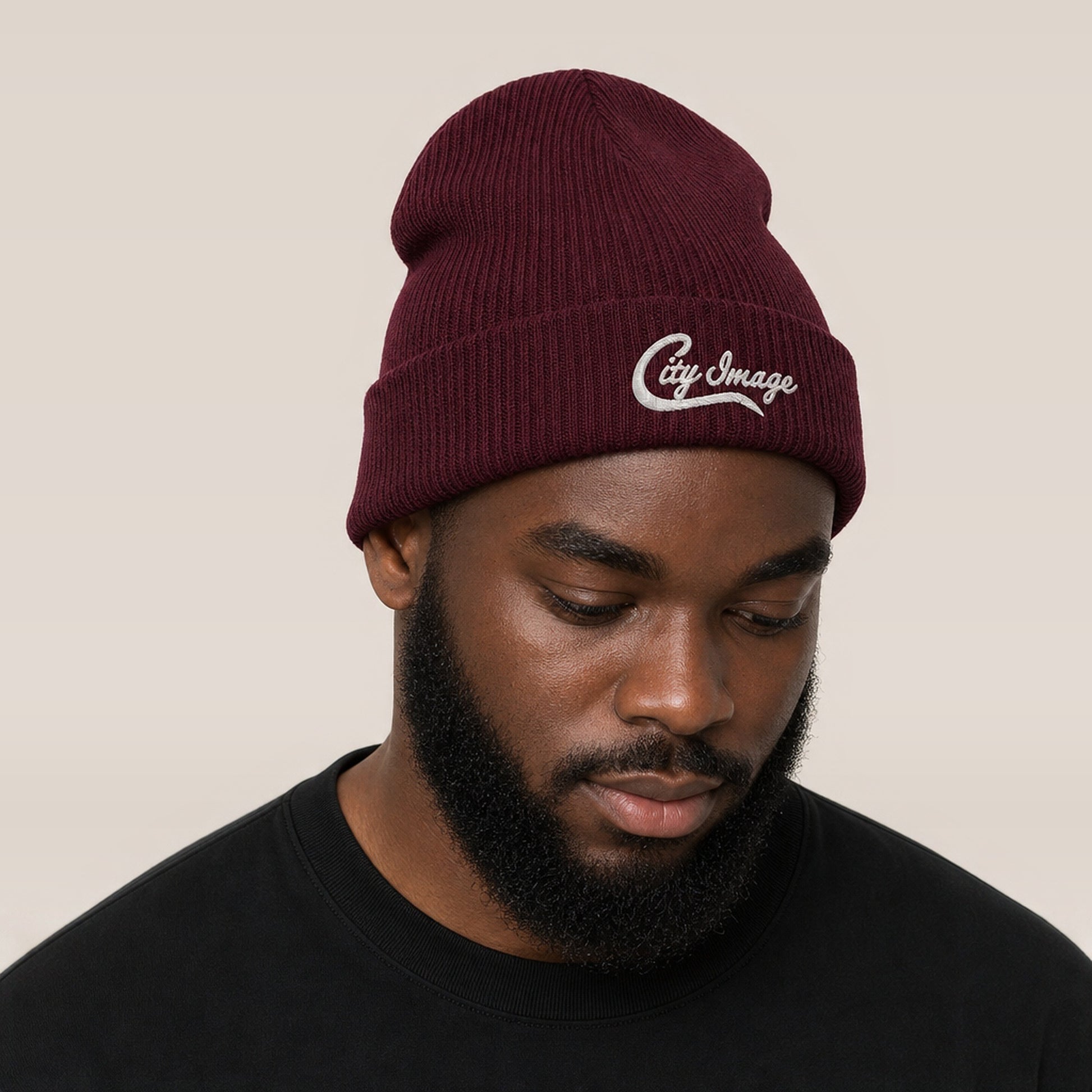 City Image Ribbed Beanie (Burgundy) — on model