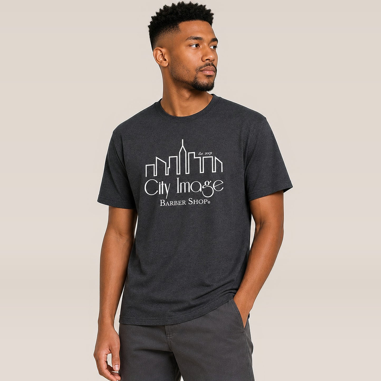 City Image Logo Heavyweight Tee (Charcoal Heather) — on model