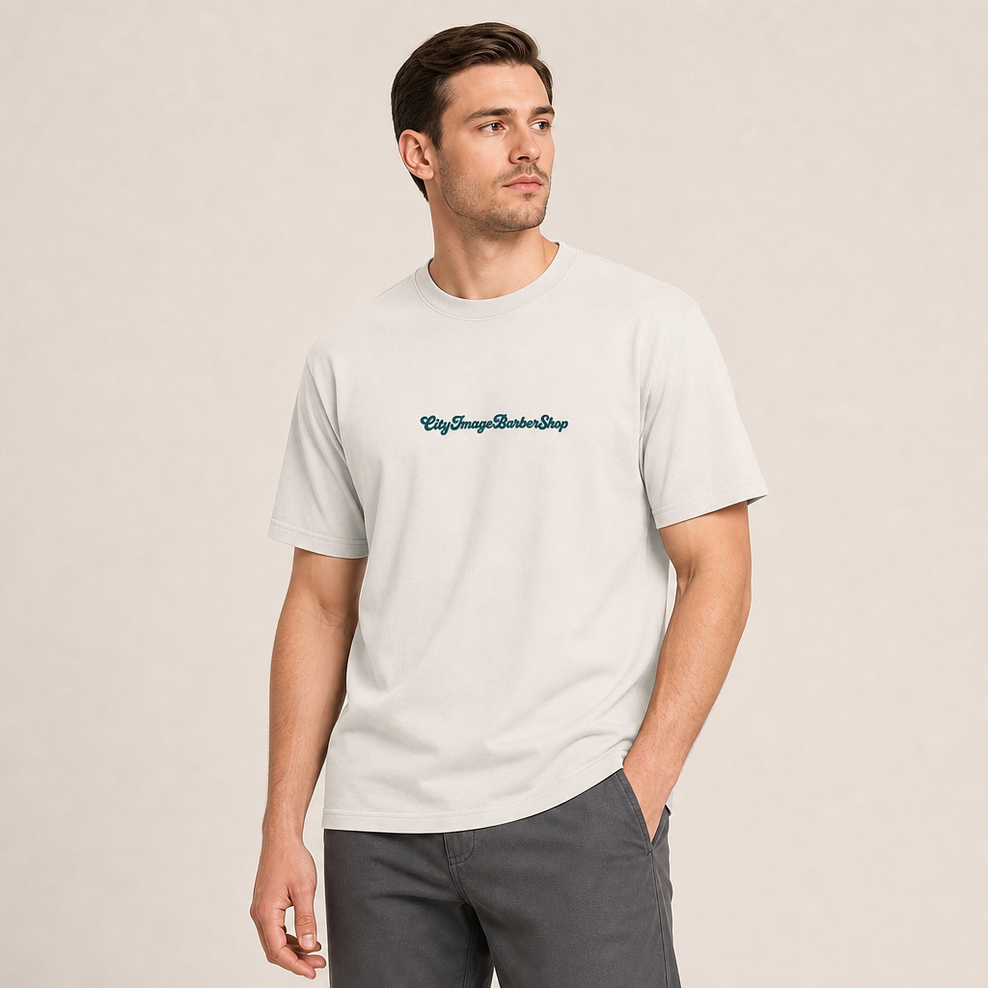 City Image Logo Script Oversized Tee (Faded Bone) on model