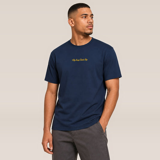 City Image Embroidered Script Tee (True Navy) on model