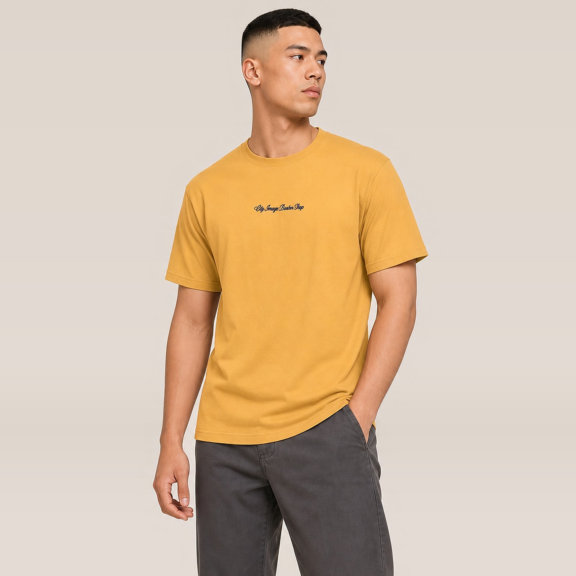 City Image Embroidered Script Tee (Mustard) on model