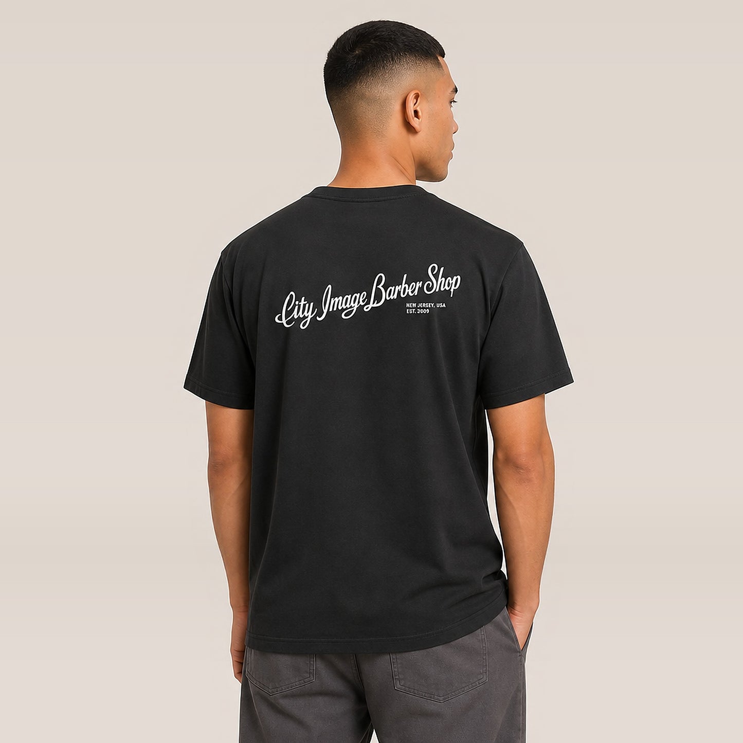 City Image Script Oversized Tee (Faded Black) on model
