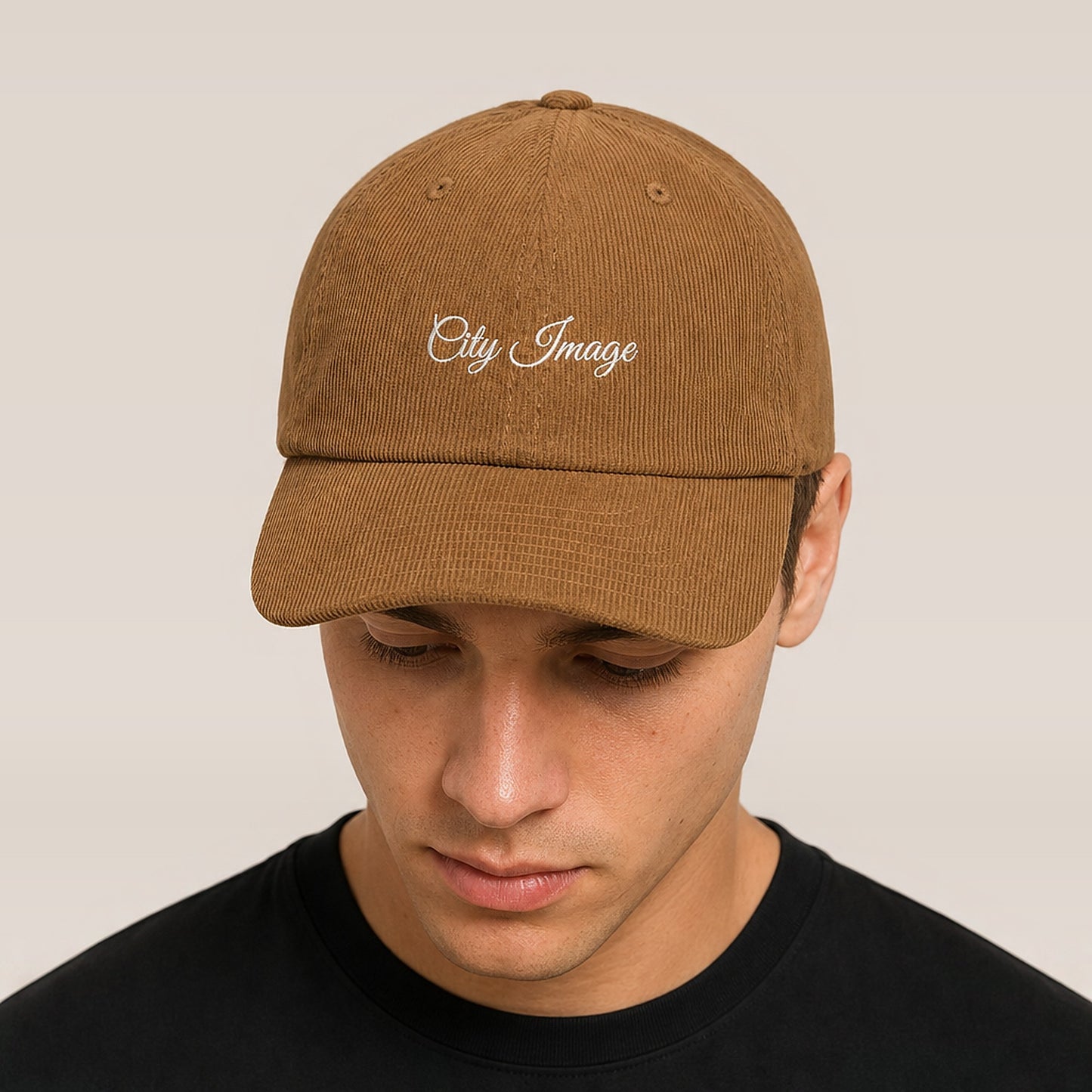 City Image Script Corduroy Hat (Camel) on model