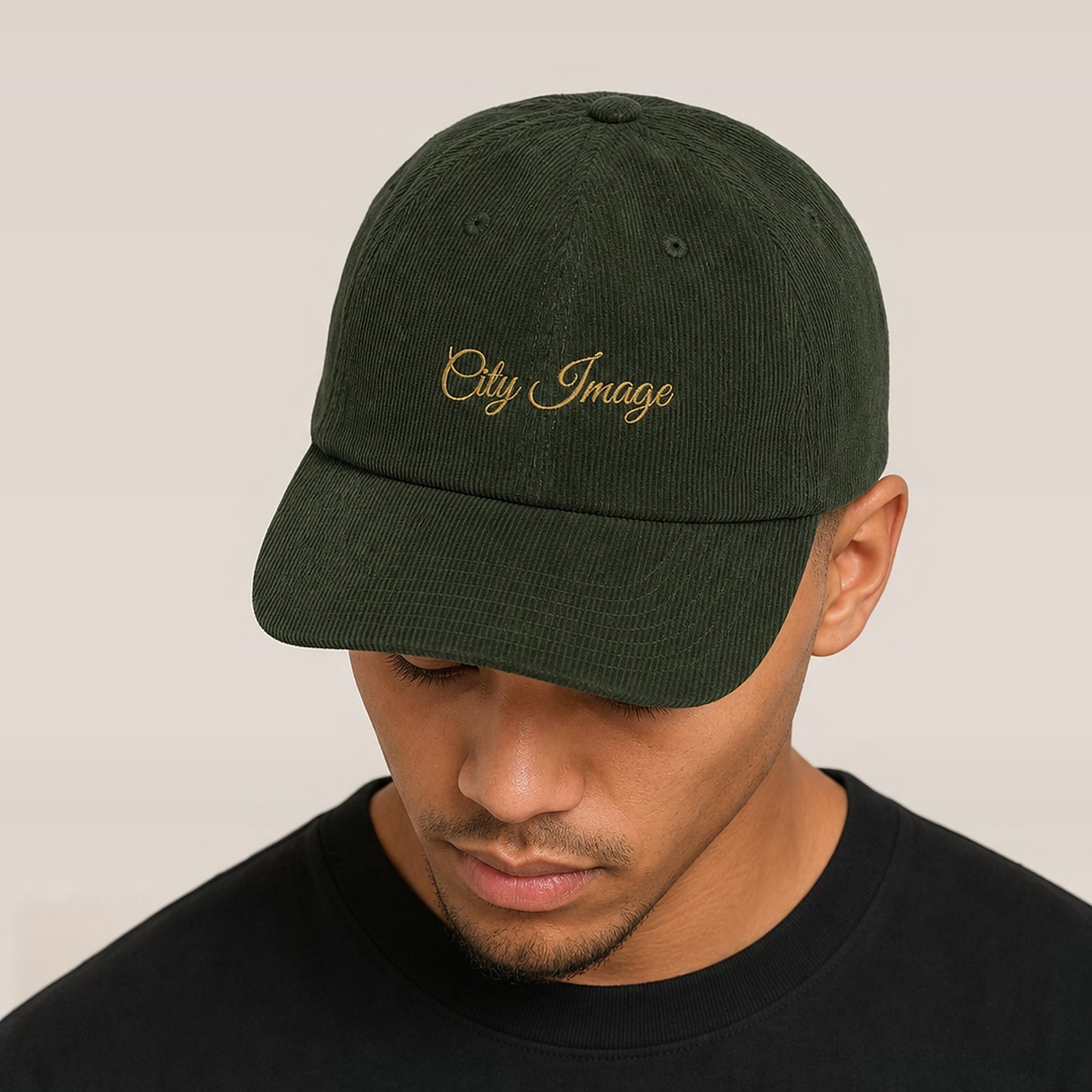 City Image Script Corduroy Hat (Dark Olive) on model