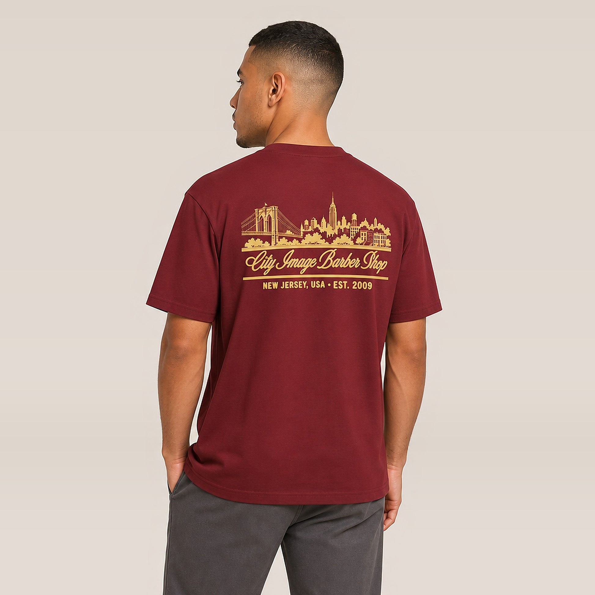 City Image Skyline Heavyweight Tee (Brick Red) on model