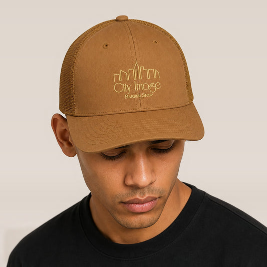 City Image Monochrome Trucker (Caramel) on model