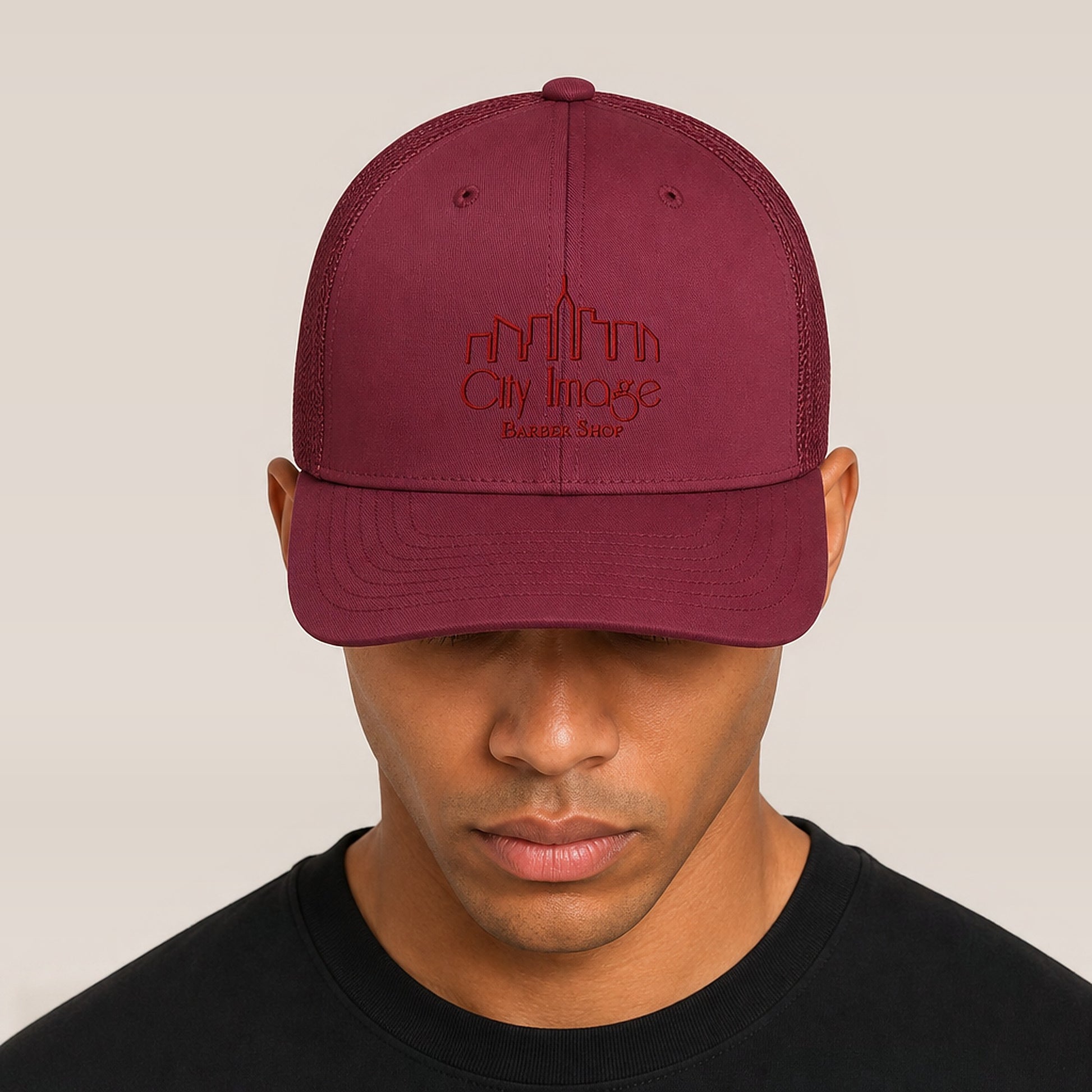 City Image Monochrome Trucker (Cranberry) on model