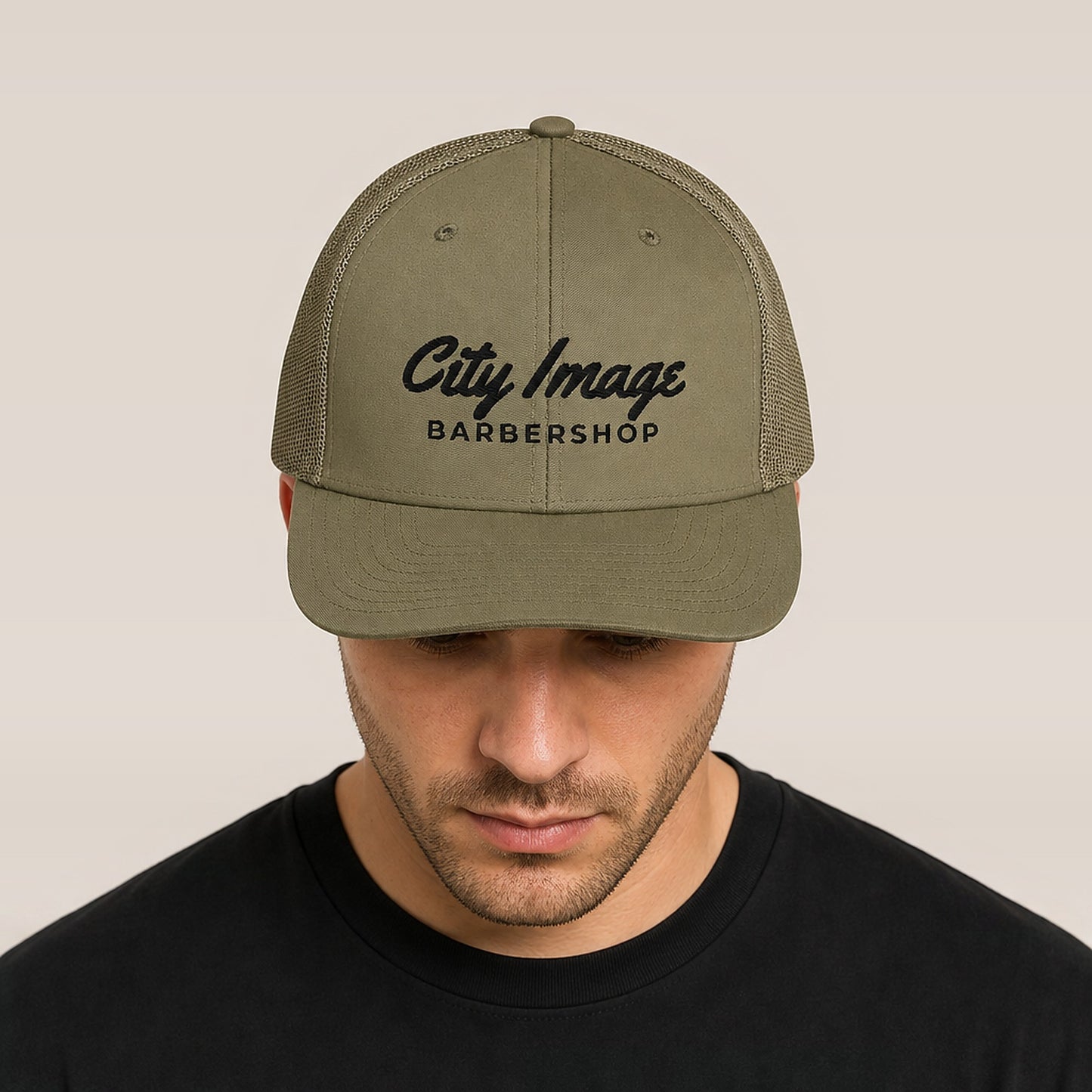 City Image Script Trucker Cap (Loden) on model
