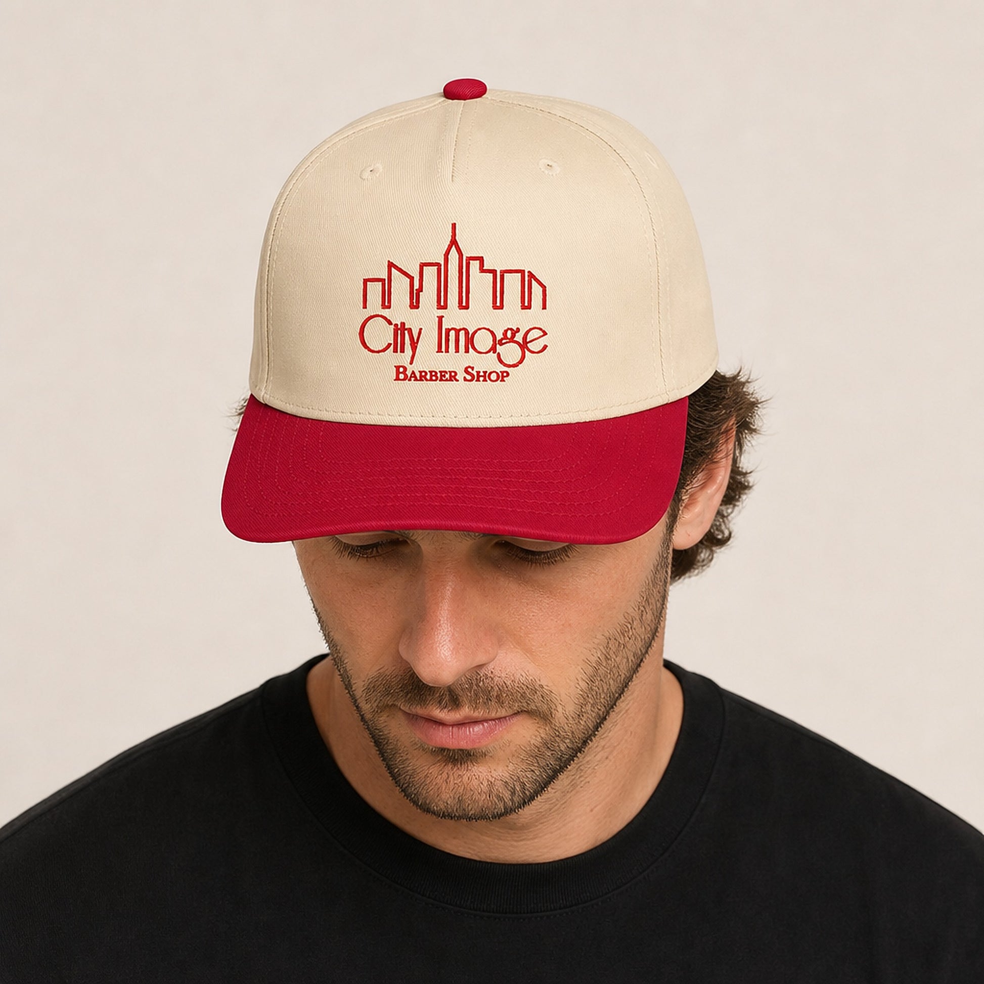 City Image Logo 5 Panel Cap (Red/Natural) on model