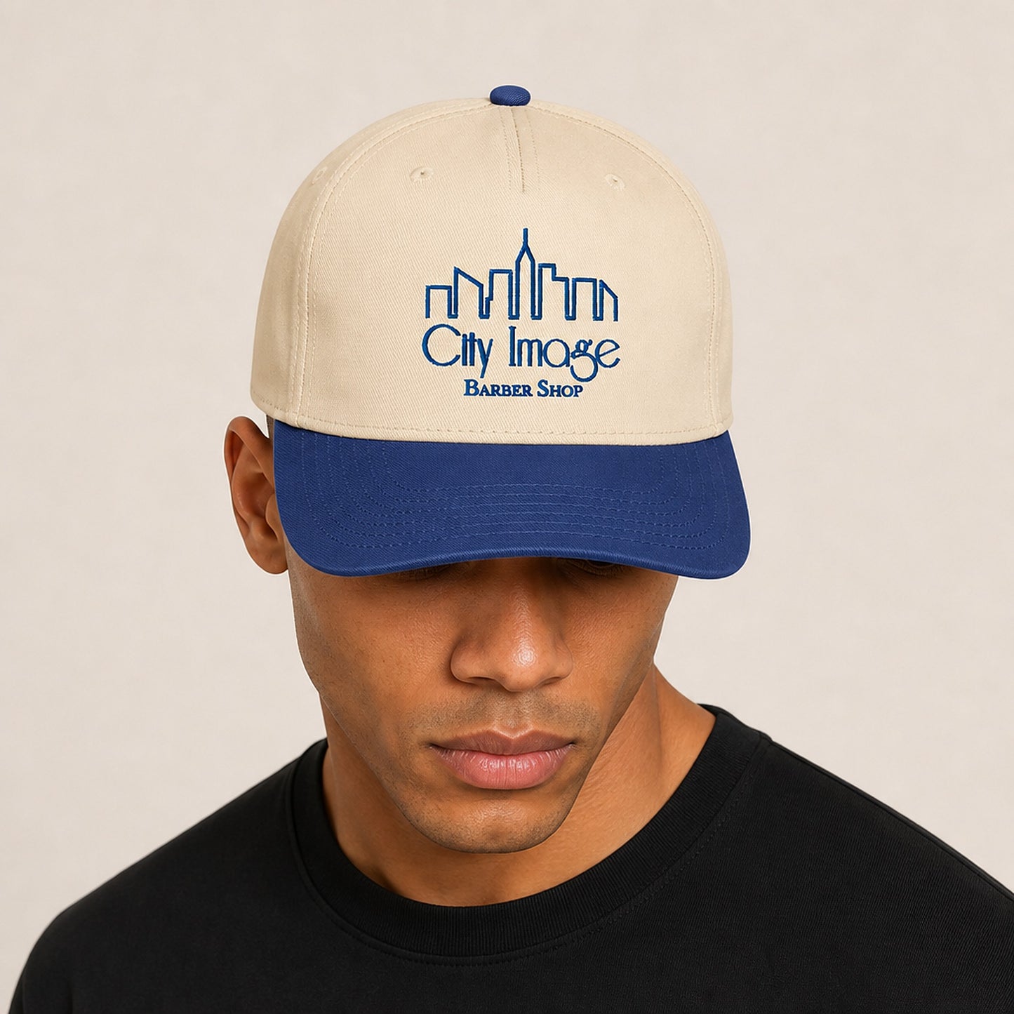 City Image Logo 5 Panel Cap (Royal/Natural) on model
