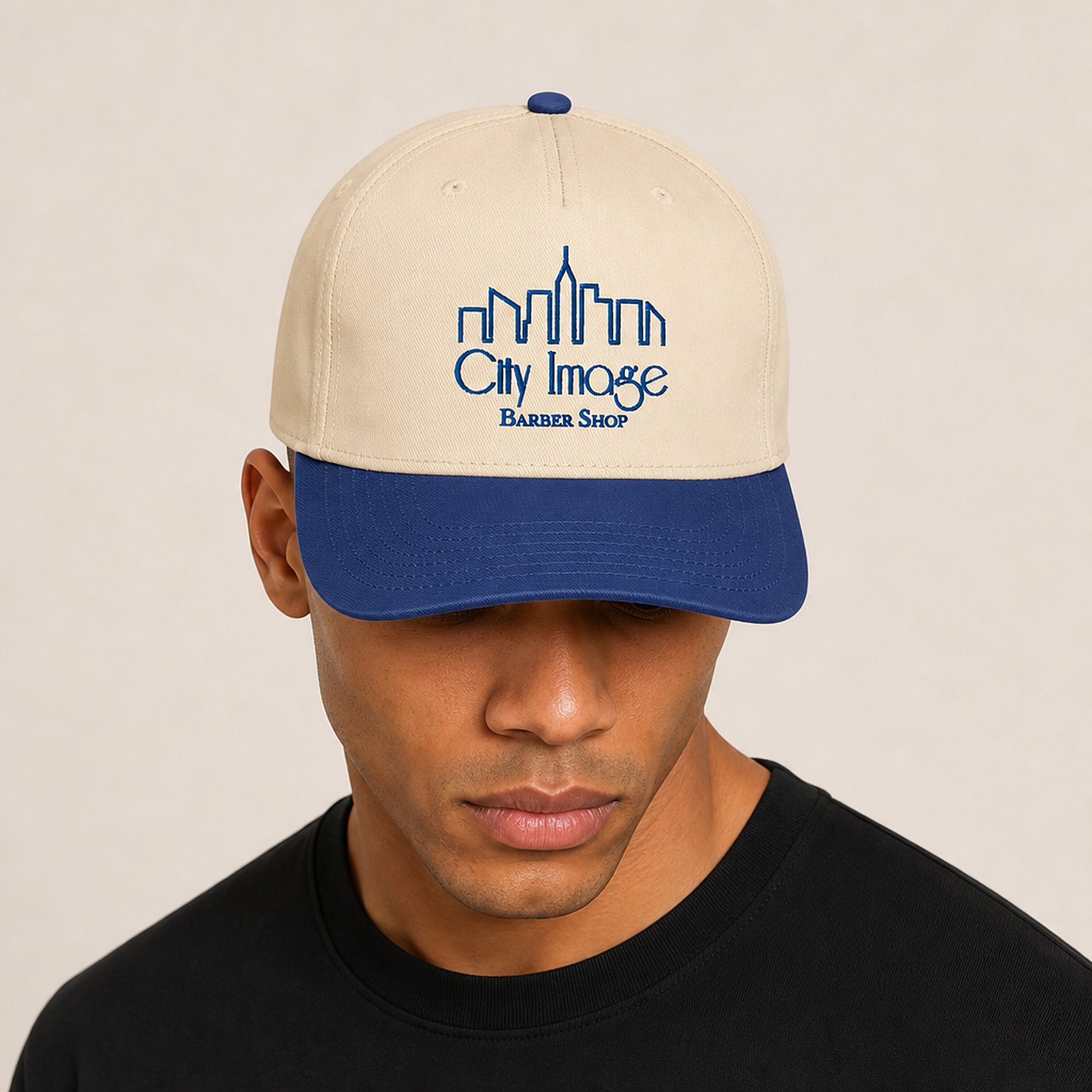 City Image Logo 5 Panel Cap (Royal/Natural) on model