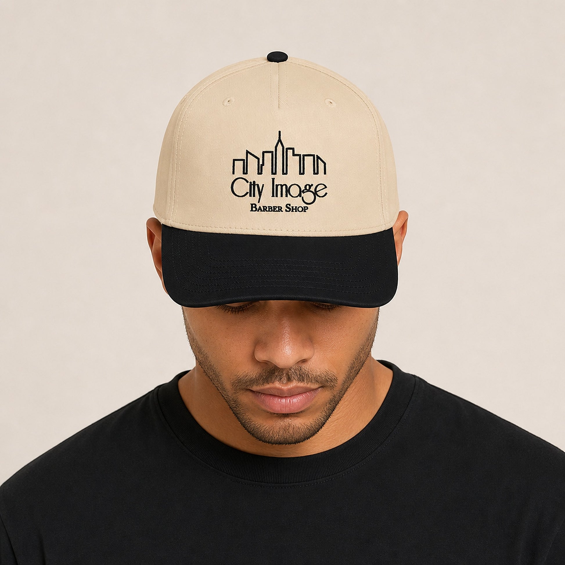 City Image Logo 5 Panel Cap (Black/Natural) on model