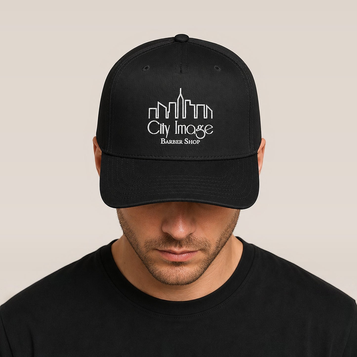 City Image Logo 5 Panel Cap (Black) on model