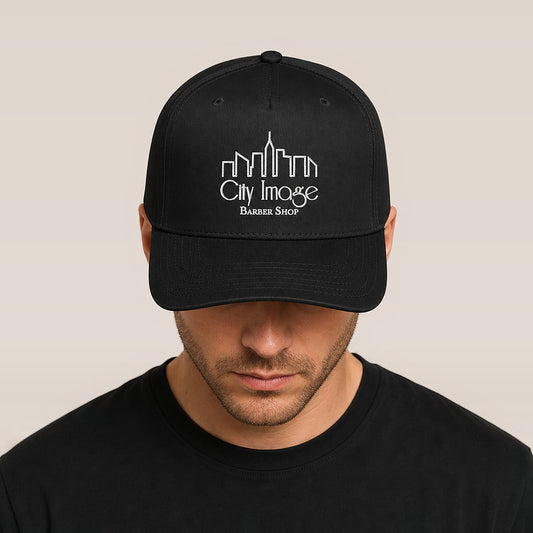 City Image Logo 5 Panel Cap (Black) on model