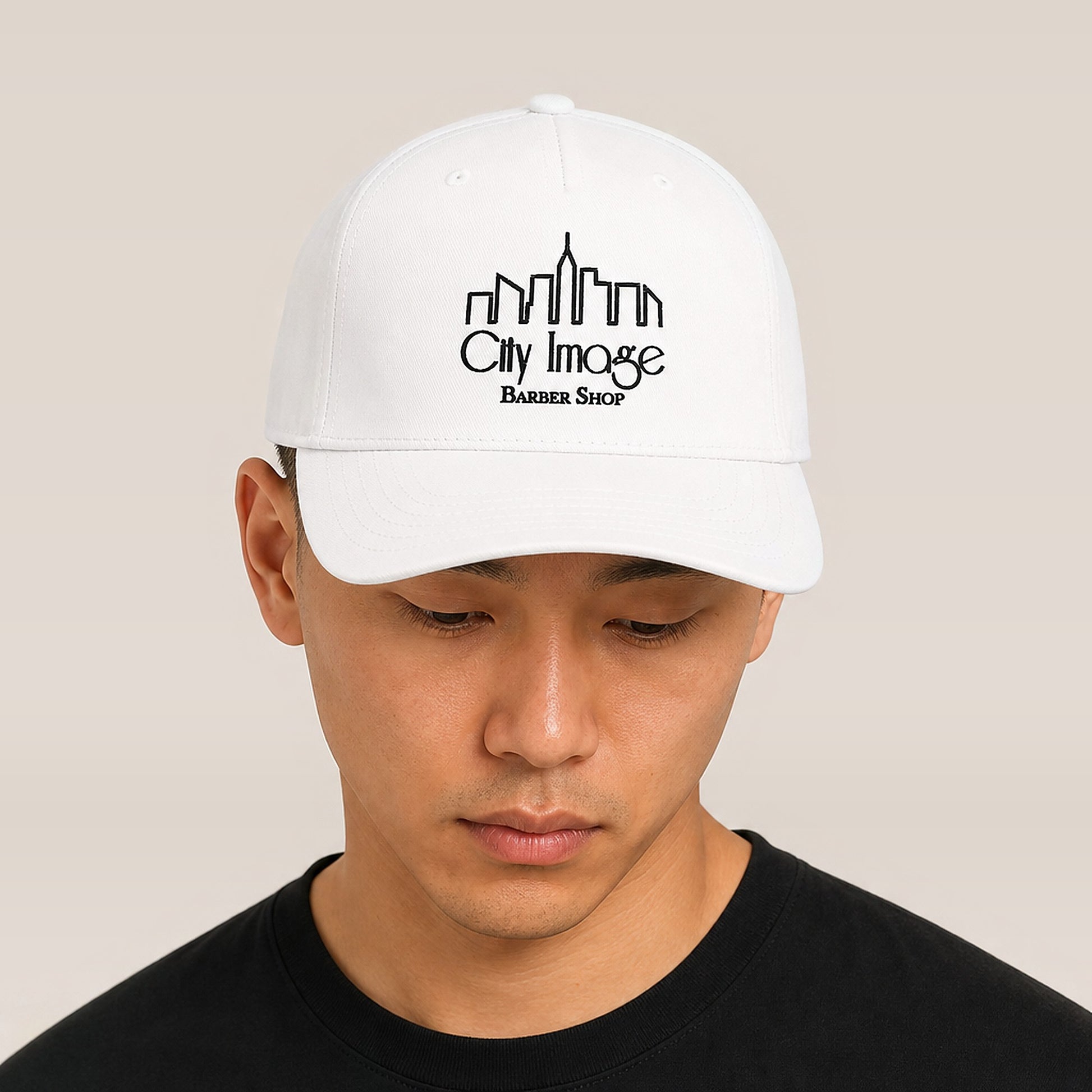 City Image Logo 5 Panel Cap (White) on model