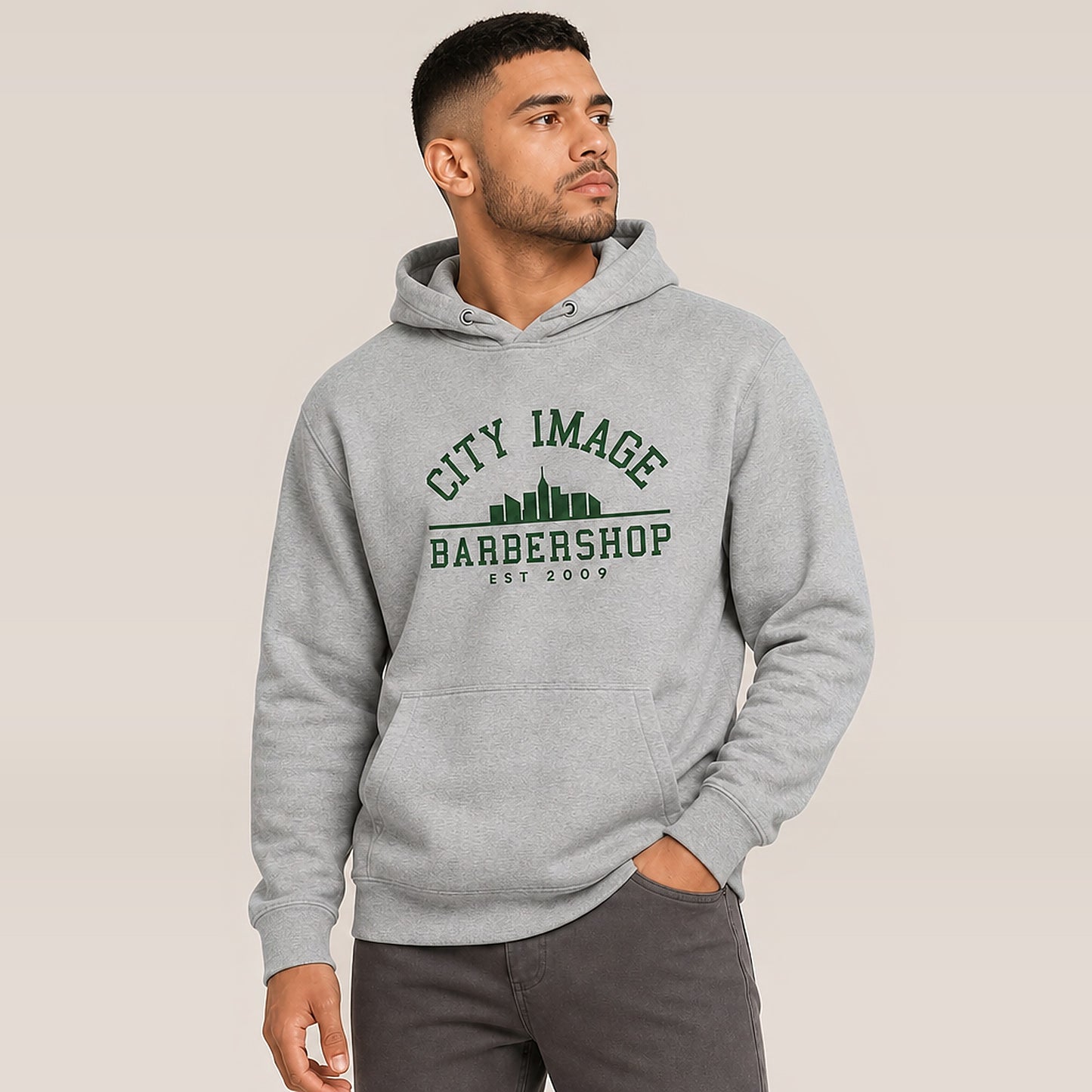 City Image College Hoodie (Carbon Grey) — on model