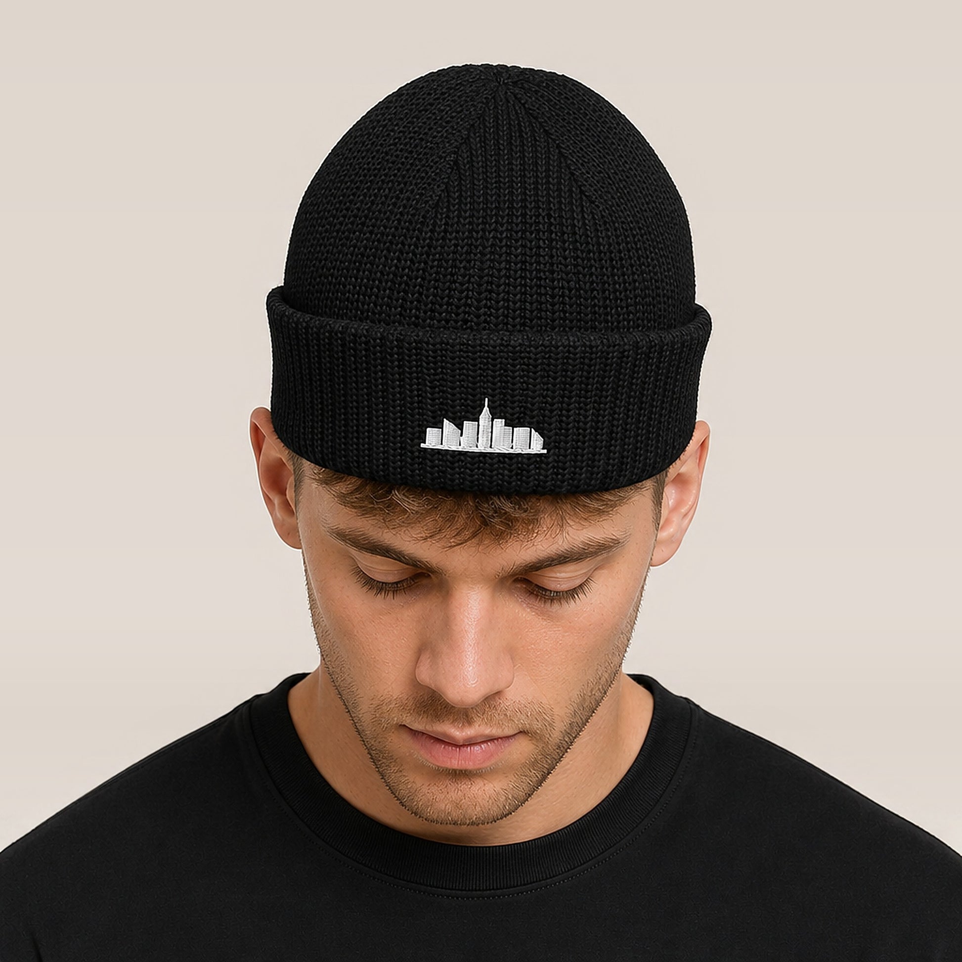 Skyline Fisherman Beanie (Black) — on model