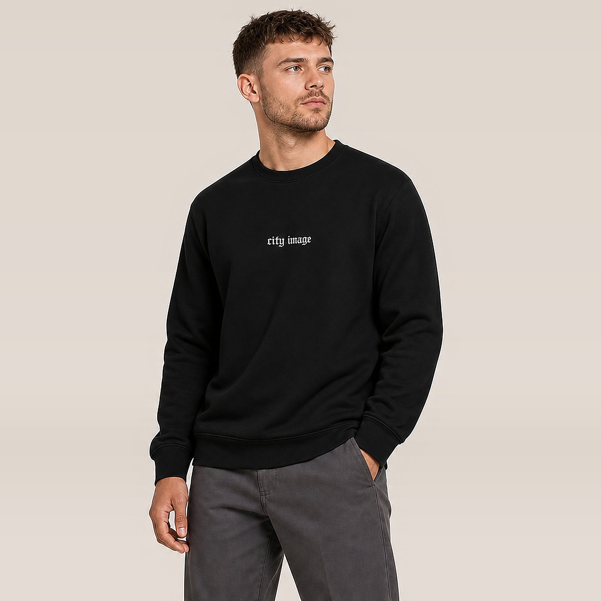 City Image Old English Crewneck — on model