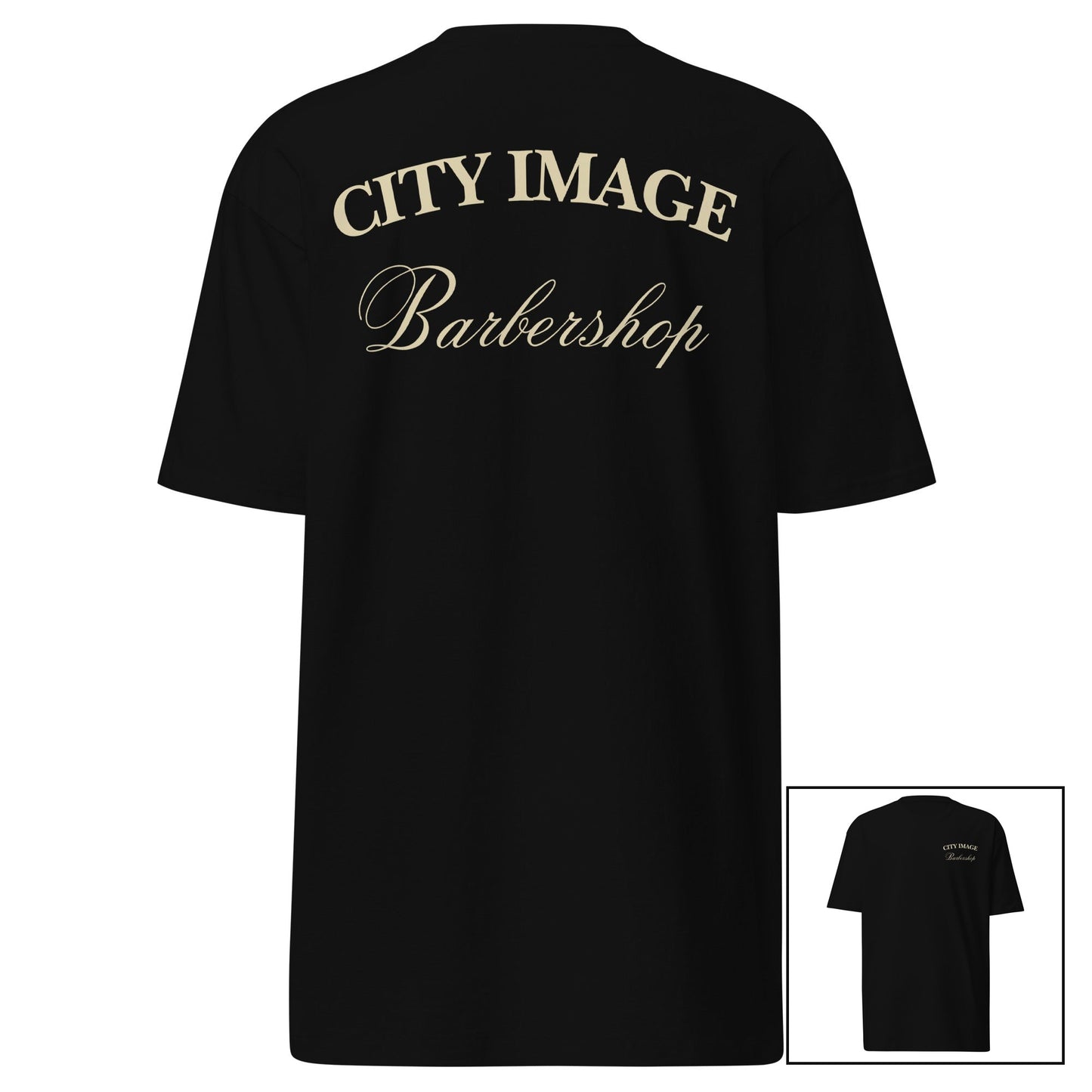 City Image Script Heavyweight Tee (Black/Tan) — back design with front view inset