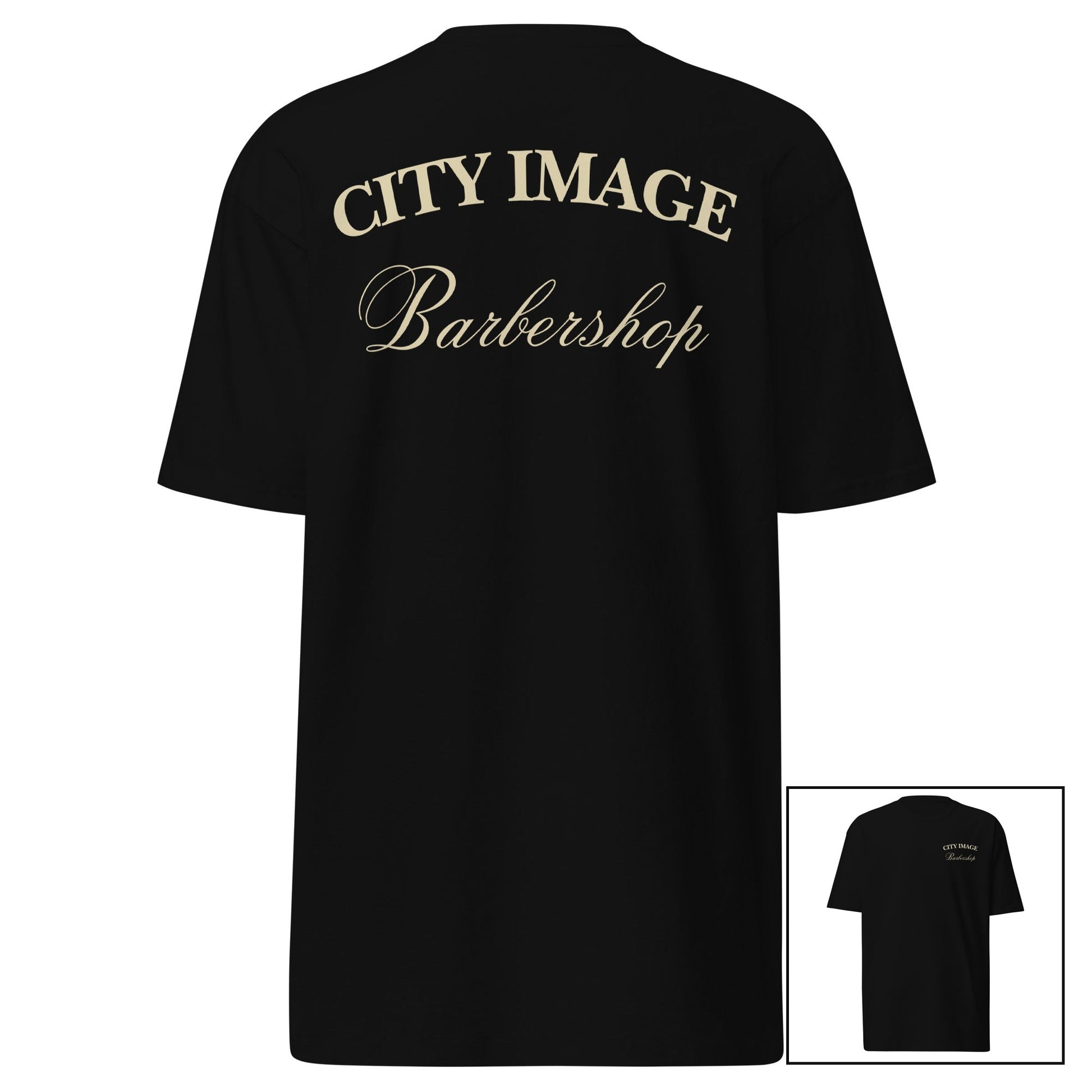 City Image Script Heavyweight Tee (Black/Tan) — back design with front view inset