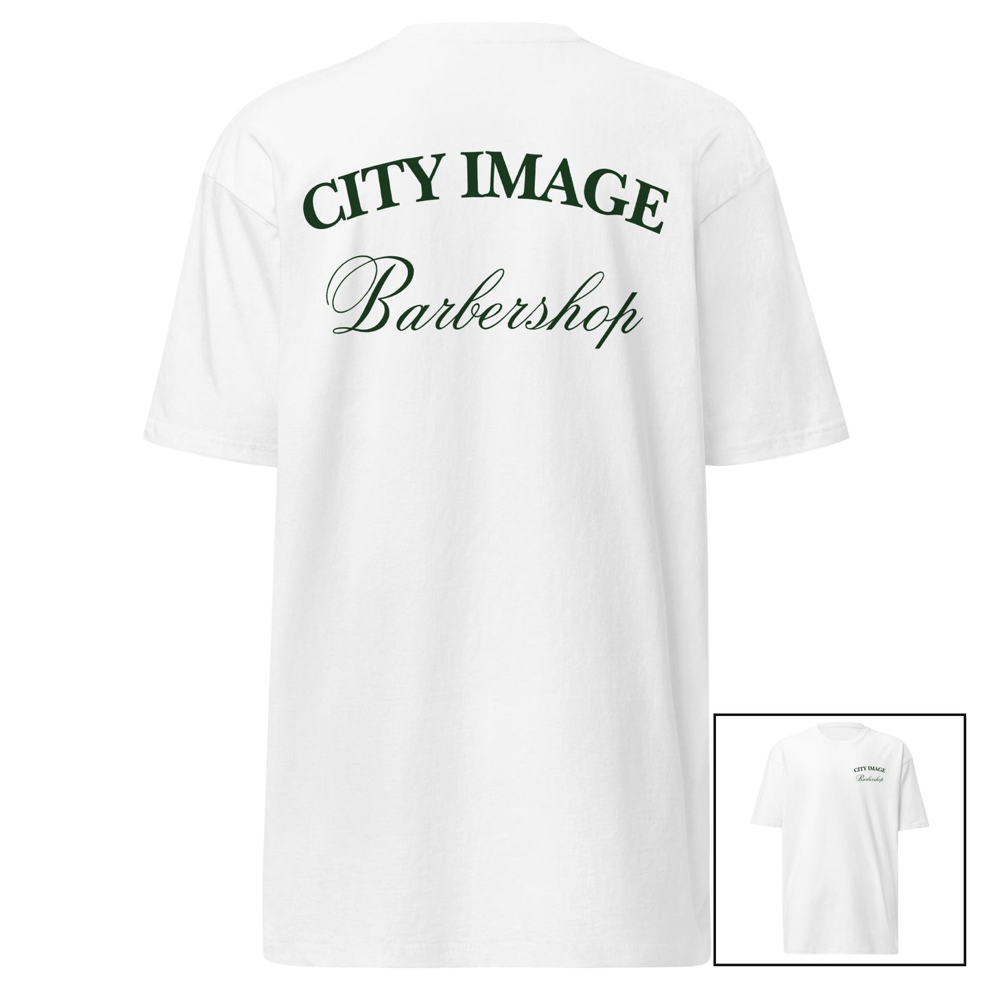 City Image Script Heavyweight Tee (White/Forest) — back design with front view inset