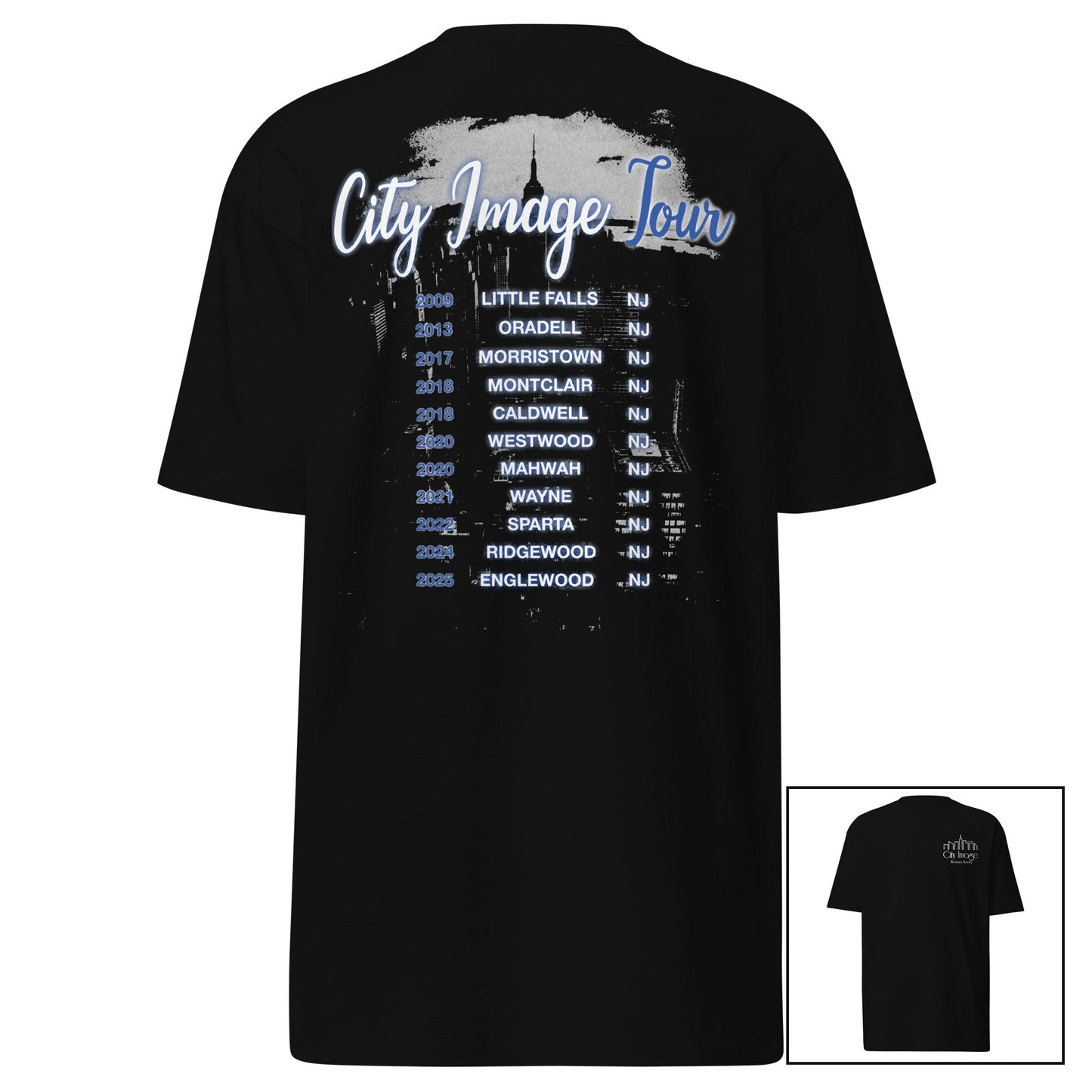 City Image Tour Heavyweight Tee — back design with front view inset